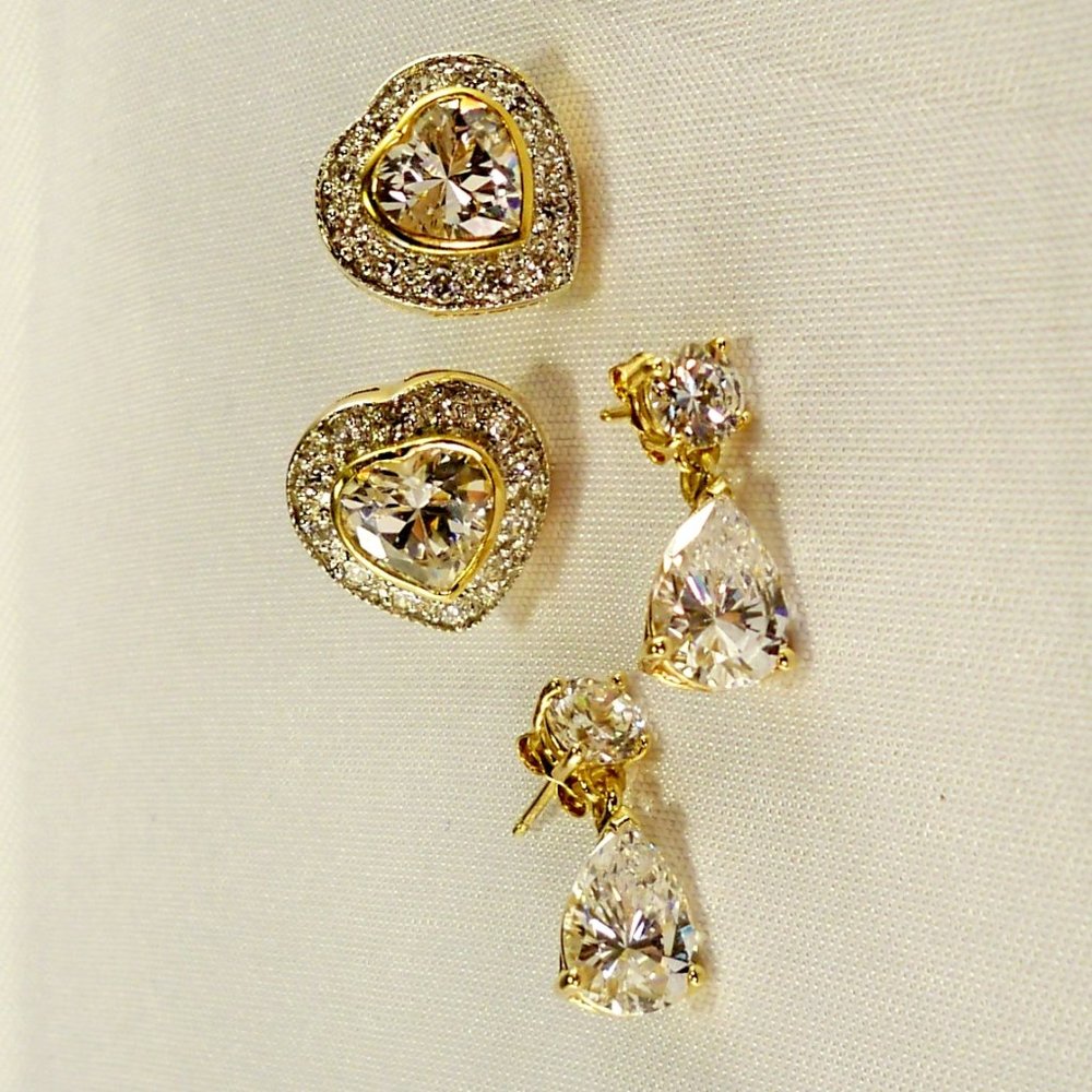 NEW Heart Halo & Dangle Tear Drop Cubic Zirconia Gold Earrings